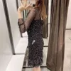 Sexy Femme Noir Slim Dentelle Patchwork Seethrough Robe De Spring Fashion Mesdames Plissantes Ele Femme Party 210515