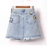 Large Size Embroidery Epaulet Denim Jacket Coat + Mini Jean Skirt Outfits Fashion Women Suit Office Two Piece Set S-5XL 211106