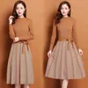 Elegant Knitted pleated Female Autumn Winter Long Sleeve Sweater Women Office Lady Casual Midi Dress 210322