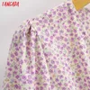 Tangada Sonbahar Moda Kadınlar Mor Çiçekler Baskı Kek Elbise Uzun Kollu Vintage Bayanlar Mini Elbise 1F223 210609