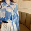 BF Rendering Blouse Women Korean Harajuku Loose Blue Sky White Clouds Tie-dye Gradient Oversize Shirt Long Sleeve 210601