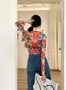 Red Crewneck Mesh Top Long Sleeve T Shirt Oil Painting Y2k Fashion Floral Crew Neck Tee Femme Women 210427
