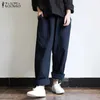 ZANZEA 5XL 가을 스트라이프 바지 여성 캐주얼 헐렁한 바지 순무 긴 Pantalon 궁전 레이디 탄성 허리 하렘 바지 플러스 사이즈 T200617