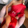 Satin Red Mermaid Prom Dresses High Slit Ploess Lange Sleeve Vestido de Gala One Shoulder Women Formele avondjurken feestjurk