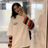 Regenboog gestreepte nep twee stukken t-shirt vrouwen casual losse harajuku bf tops vrouwelijke Koreaanse mode streetwear 91296 210519
