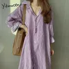 yitimuceng長いシャツの女性のための服の縞模様の韓国のファッションシンプルなMidiのドレス青い紫色の春夏210601