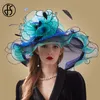 Fs roze organza kentucky Derby hoed voor vrouwen brede rand strand grote zon hoeden bloemen elegante dames bruiloft kerk feest fedoras 210323