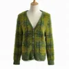 Vintage warm Green Plaid Cardigan women knitted sweater With Front Button Women Cropped Sweater 210521