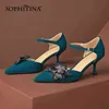 Sophitina Party Women's Sandals Flower Dekoration Spänne Elegant Stiletto Skor Cover Heel Spring Kvinna Skor AO740 210513