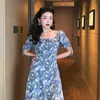Fransız Vintage Çiçek Dres Yaz Şifon Kare Yaka Midi Parti Femme Rahat Akşam Plaj Korece 210604