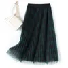 Long Tulle Saia Mulheres para Primavera Verão Estilo Coreano Verde Verde Verde Preto Placejado Cintura Alta Midi Fêmea 210421