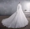 Abito da ballo musulmano Abiti da sposa Collo alto Maniche lunghe Appliques in pizzo Perline Corte dei treni Custom Made Arabo Islamico Moderno Tulle Abiti da sposa 2021 robe de mari￩e