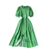 Lente zomer een lijn o nek enkele breasted hoge taille vrouwen jurken vintage bloemen print jurk 210430