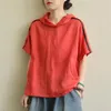 Summer Arts Style Women Short Sleeve Loose T-shirt All-matched Casual Cotton Linen Hooded Tee Shirt Femme Tops M148 210512