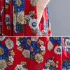Johnature Femmes Rouge Imprimer Robes Florales Taille Haute Été Coton Mélange Casual Femmes Vêtements Robes À Manches Courtes 210521