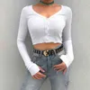 E-Girl Stretch Długą Rękaw Crop Topy Y2K Kobiety Letni Przycisk Czarne Szary Tight Rib-Dzianiny Zwykły Sexy T-Shirt Camis Crop Tops G220228