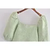 Grön geometriska mönster stickade kvinnor Casual blouses sommar mode puff ärm kvadratisk krage smal kvinnlig gröda toppar 210604