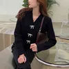 Women Red White Black Solid Sweater Knitted Long Sleeve V Neck Single-breasted Cardigans Bow Diamond M0466 210514