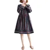 Johnature Proste Moda Vintage Paski V-Neck Kieszenie Kobiet Suknie Jesienią Luźne Wygodne Długie Rękaw Kobiety Dress 210521