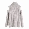 Evfer Women Fashion Bare Shoulder Za Höst Grå Tröja Kvinnor Elegant Stickad Turtleneck Pullover Girls Tjock Knitwear Chic Y1110