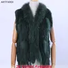 Femmes Lady Véritable Véritable Tricoté De Fourrure De Lapin Gilets Glands Fourrure De Raton Laveur Coupe Col Gilet Fourrure Sans Manches Gilet 211018