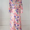Coréen élégant floral imprimé robe longue femmes à manches courtes col d'arc mode vintage robes de soirée robes été 210513