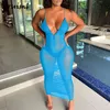 Plus Taille Femmes Vêtements Été Solide Couleur Mesh Voir à travers des robes longues sexy pour la taille haute soirée robe moulante 210513