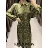 KPYTOMOA KVINNOR 2021 CHIC Fashion Animal Print Midi Shirt Dress Vintage Lantern Sleeve Button Up Female Dresses Vestidos Mujer 210319