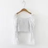 Plisowana bawełna krótka biała bluzka kobiety kwadratowe koszulki bluzki latarnia rękaw vintage sexy gorset górny mujer 12169 210508