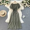 Short Sleeve Women Summer Dress Chic V-neck Hollow Out Waist A-line Midi Party Casual Female Sundress Streetwear 210603