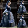 Marineblauwe Victoriaanse gotische avondjurken Burgeroorlog Southern Velvet Lace Long Sleeve Square Halloween non Prom Gowns