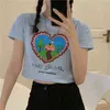 Cartoon Pattern Heart Cute Short Design Fashion Short Sleeve O-neck Women Basic Simple Street Slim Women Crop Tops 210522