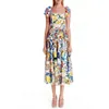 【木】夏のファッションスクエアカラーハイウエストノースリーブの気質エレガントな印刷ドレス女性13Q429 210527