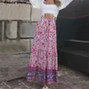 Bohemia Pink Floral print Cotton Maxi Long Skirt BOHO Hippie Women Elastic High Waist Spliced Ruched pleated Skirts Holiday 210429