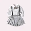 Baby Mädchen Tragen Schulstil Uniform Anzug Neue Britische Kurzen Rock Kleidung 3 ~ 8 Jahre Kinder Kurzarm + Faltenrock Anzug X0902