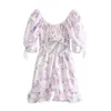 Streetwear Vintage Floral Imprimer Robe à manches bouffantes Femmes Casual Bow Lotus Edge Vacances Sexy Mini Robes Robes Mujer 210508