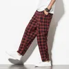 Pantaloni da uomo Uomo Casual Taglie forti Pantaloni alla zuava in lino scozzese con gambe larghe Cotone chinoise-chic e