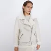 Gruba i ciepła faux skórzana kurtka płaszcz damski beżowy pasek z długim rękawem damskie zimowe mody nowe bluzki