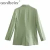 Blue Green Blazers OL Spring Summer Notched Collar Double Breasted Women Casual Long Coat Office Lady Suit Jacket 210604