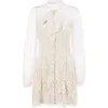Khaki Gauze Lace Stitching Empire Bow Collar Long Sleeve Elegant Short Mini Dress Zipper Autumn Button Patchwork D0837 210514