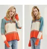 Women Jumpers Turn Down Collar Casual Knitwear Pullovers Striped Patchwork Pull Femme Hiver Orange Polo Sweater 210430