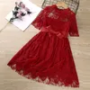 Robes d'enfants pour filles Vêtements de printemps Demi-manches Costume de fête en dentelle Enfants rouges Robes de bal élégantes 3-8Y Filles Casual Wear 38 Y2