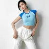 WOMENGAGA Mädchen Sport T-shirt Frauen Laufkleidung Sexy Enge Top Nabel Fitness Sommer Tees Koreanische Tops Blau V17R 210603