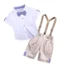 Formal Toddler Boy Clothes Set Summer Children Clothing Boys Outfits Short Sleeve Bow Shirts+Strap Shorts Kids Clothes 1-4 Years