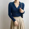 가을 솔리드 턴 다운 칼라 긴팔 바닥 셔츠 슬림 맞는 니트 스웨터 카디건 여성 P816 210607