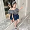 Teen Girls Clothing Plaid Tshirt + Denim Short Teenage Summer Clothes Casual Style Costumes For Children 210527