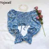Yojoceli Boho Beach Print Blouses Shird Lengeve Ruffle Short Blouse Tops女性Blusas 210326