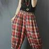 Sommarkonst Stil Kvinnor Elastisk Midja Ankel-Lengt Loose Plaid Byxor Vintage Bomull Linen Casual Harem Plus Size M200 210512