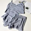 Dois peça de algodão pijama conjunto sexy lace top e shorts pijamas espaguete strap sleepwear alto elástico pijama nightie roupas casas 210809