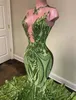 Sparkly Cekiny Prom Dresses 2021 Zielona Koronka Sexy Deep Sheer O-Neck African Women Glitter Mermaid Wieczorowe Suknie Party Robes De Soirée